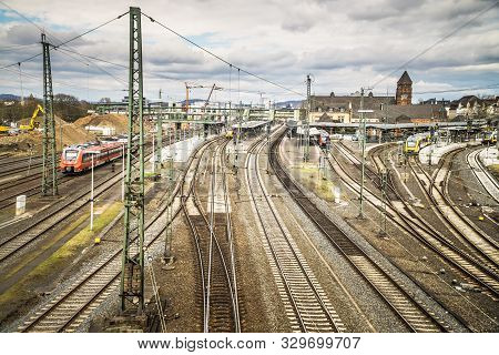 Giessen, Germany - April 05, 2018: View Of The Railway Station With A Lot Of Tracks And Train.