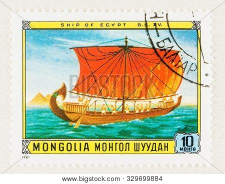 Seattle Washington - October 4, 2019:  15th Century Sailing Ship With Sailors On Red Sea With Pyrami