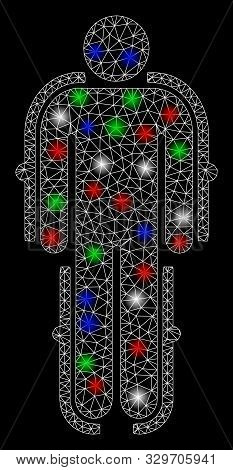 Bright Mesh Exoskeleton With Glare Effect. White Wire Frame Triangular Network In Vector Format On A