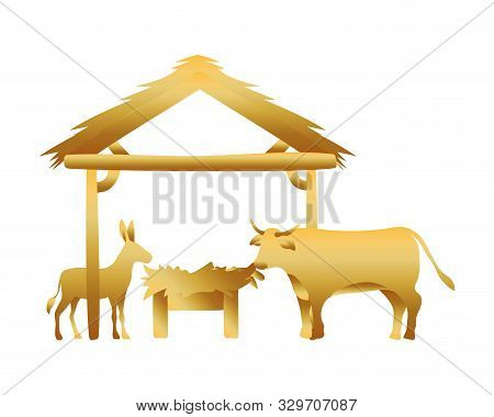 Golden Manger Ox And Mule With Cradle In Wooden Stable Vector Illustration