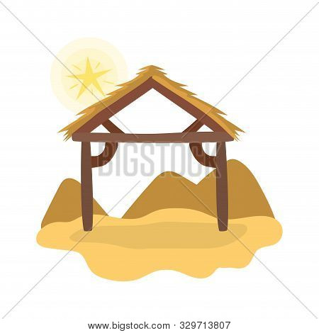 Manger Wooden Stable With Star In Desert Vector Illustration Design