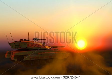 Military 3d Illustration Of Yellow Tank With Fictive Design On Sunset In Desert, Very High Resolutio