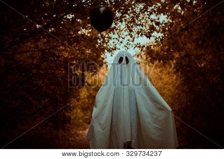 Halloween concept. A ghost child under a white sheet holds black balloon in a forest. 
