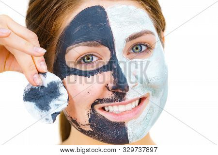 Girl Remove Black White Mud Mask From Face