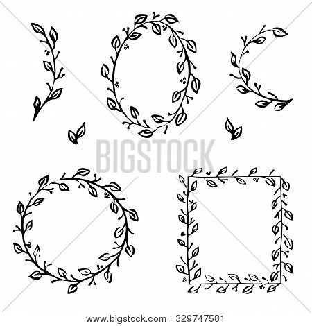 The Frame With Leaves Is Oval, Round, Square, The Element Is Drawn By Hand. Vector Illustration, Pos