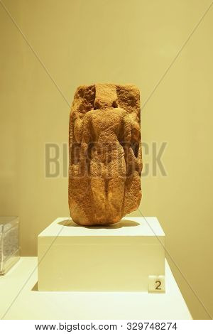 Prachin Buri, Thailand - August 26, 2019: Khmer Art Image Carved From Sandstone In Prachin Buri Nati