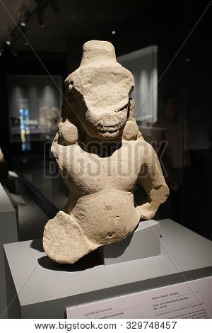 Prachin Buri, Thailand - August 26, 2019: Demon (asura) Guardian Khmer Art In Thailand (banteay Srei