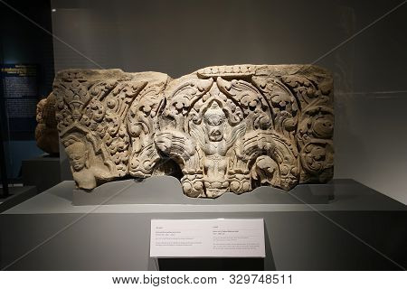 Prachin Buri, Thailand - August 26, 2019: Lintel Khmer Art (baphuan Style) In Thailand 1017-1087 Ad.