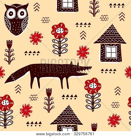 Seamless Pattern With Cartoon Wolves, Owl, Houses, Flowers, Decor Elements On A Neutral Background. 