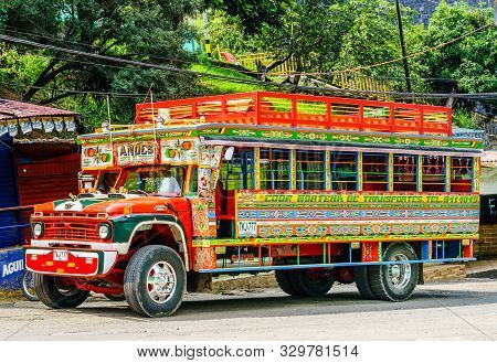 Andes, Colombia - 27th March 2019. Colorful Traditional Rural Bus In Colombia Called Chiva