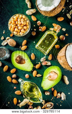 Healthy Vegan Fat Food Sources, Omega3, Omega6 Ingredients - Almond, Pecan, Hazelnuts, Walnuts, Oliv