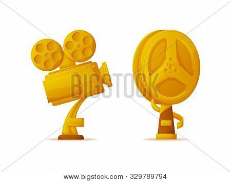 Trophy In Form Of Camera And Bobbin, Isolated Icons Set. Golden Reel Reward For Directors And Actres