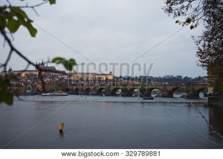 Evening Walk And Sightseeing While Traveling In The Fall To Prague, Czech Republic. Charles Bridge A