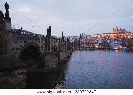Evening Walk And Sightseeing While Traveling In The Fall To Prague, Czech Republic. Charles Bridge A