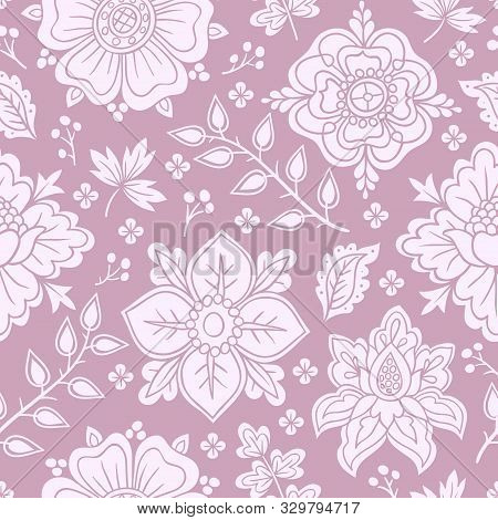 Hand Drawn Flowers And Berries, Vector Seamless Pattern.