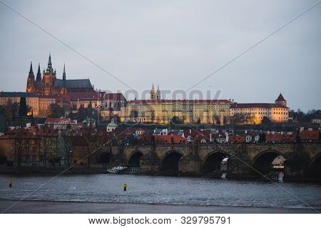 Evening Walk And Sightseeing While Traveling In The Fall To Prague, Czech Republic. Charles Bridge A