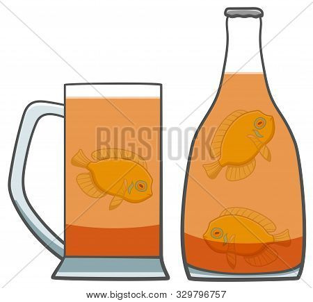 Yellow Centropyge Fishes Inside Of Bottle And Mug Of Beer. White Background, Vector.