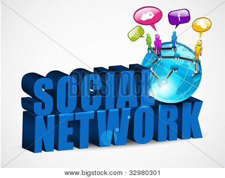 3D social networking background with text, mini globe and people connected with network, isolated on white. EPS 10.