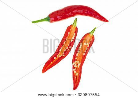 Close Up Red Hot Chili Spur Pepper At White Background