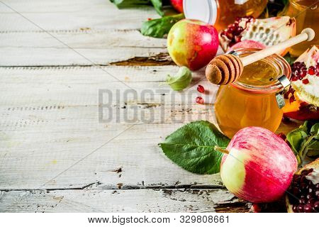 Jewish Autumn Rosh Hashana Celebration. Traditional Products For The Celebration Of Rosh Hashanah - 
