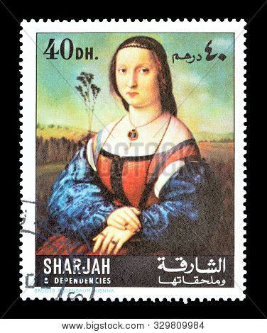 Cancelled Postage Stamp Printed By Sharjah, That Shows Painting Magdalena Doni, By Raffaello Santi, 