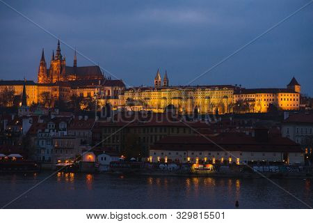 Evening Walk And Sightseeing While Traveling In The Fall To Prague, Czech Republic. Charles Bridge A