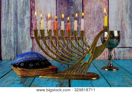Chanukah Candles All A Jewish Symbol Holiday With Kosher Wine Celebration And Kipah