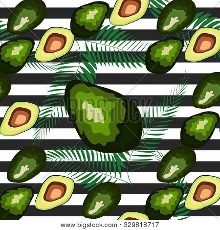 Seamless Pattern Of Avocado With Palm Leaves Dypsis Lutescens On A Striped Background.