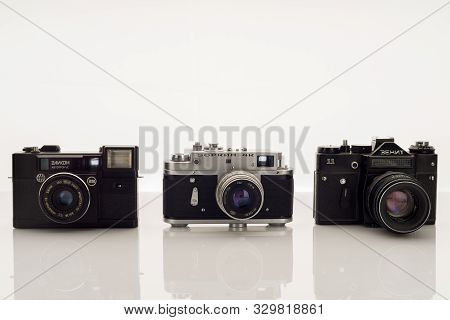 Tula, Russia, September 10, 2019: Three Soviet Vintage Camera. Elikon Automat, Zorkiy 4k, Zenit 11. 