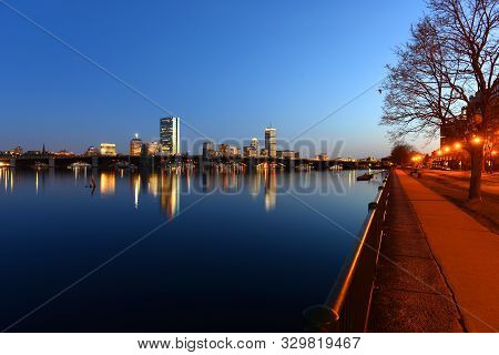 Boston Back Bay Skyline John Hancock Tower And Prudential Center Night Scenes, Viewed From Cambridge