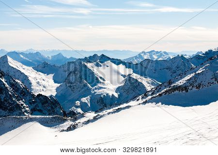 Snowy Mountain Landscape. Beautiful Scenic View Of Mount. Alps Ski Resort. Austria, Stubai, Stubaier