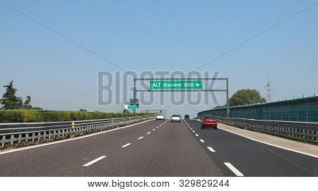 Traffic Sign On The Italian At The End Of The Italian Motorway With Text Means Alt Station To Pay