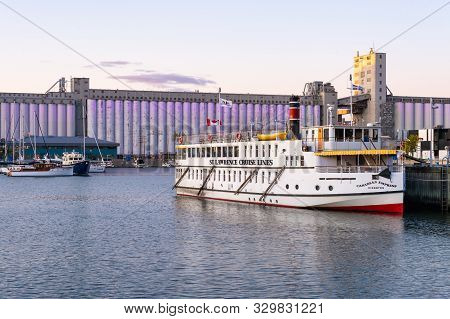 Quebec City, Canada - 4 October 2019: Quebec Harbour At Sunset, With Grain Silos In The Background.