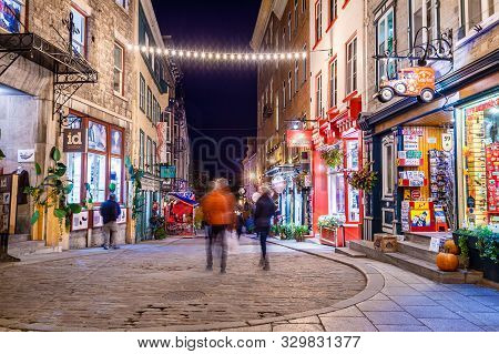 Quebec City, Canada - 4 October 2019: Tourists Visiting Petit Champlain Street In The Old Quebec Cit