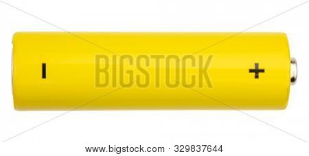 Top view of yellow AA alkaline battery (Mignon) or NiMH rechargeable cell isolated on white background