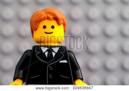 Tambov, Russian Federation - October 19, 2019 Portrait Of Lego Businessman Minifigure Against Lego G
