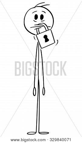 Cartoon Stick Figure Drawing Conceptual Illustration Of Man With Padlock On His Mouth. Concept Of Si