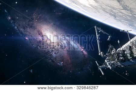 Messier 106 Galaxy, Planet, Space Station. Beautiful Cosmic Landscape. Science Fiction. Elements Of 