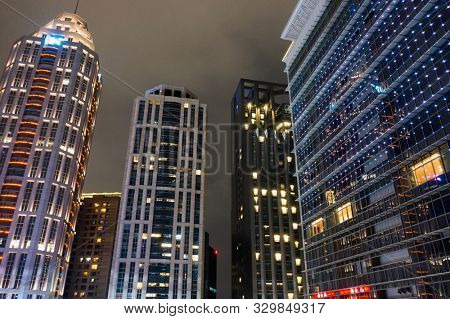 Banqiao, Taiwan - October 19th, 2019: aerial view of night scene with skyscrapers in Banqiao, New Taipei city, Taiwan