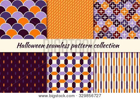 Halloween Seamless Pattern Collection. Holiday Backgrounds Set. Print Kit In Traditional Colors. Str