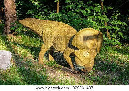 Belgorod, Russia - May 31, 2019: Full-size Statue Of Protoceratops In The Forest Of Belgorod Dinopar