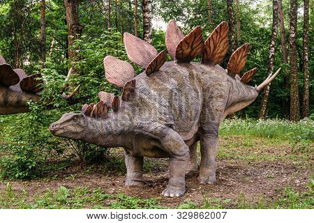 Belgorod, Russia - May 31, 2019: Dinopark Of Belgorod City. Outdoor Statue Of Stegosaurus In Nature.