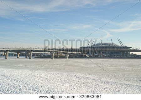 Saint Petersburg, Russia - February 16, 2019: Gazprom Arena, Western High-speed Diameter And The Bol