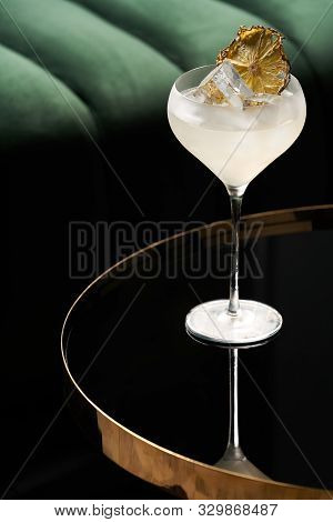 Fresh Cocktail Glass On Glass Table In Night Club Restaurant