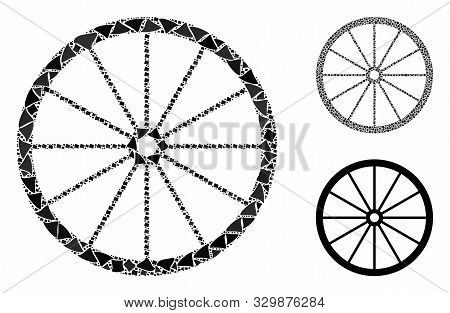 Coach Wheel Mosaic Of Tremulant Pieces In Variable Sizes And Color Tones, Based On Coach Wheel Icon.