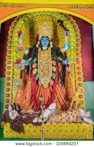Goddess Kali Idol Decorated At Puja Pandal, Kali Puja Also Known As Shyama Puja Or Mahanisha Puja, I