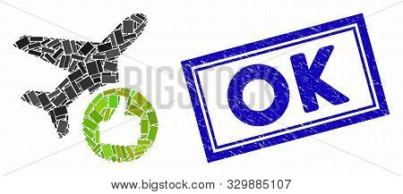Collage Airplane Valid And Corroded Stamp Seal With Ok Caption. Mosaic Vector Airplane Valid Is Crea