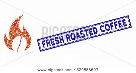 Collage Roasted Coffee And Distressed Stamp Seal With Fresh Roasted Coffee Text. Mosaic Vector Roast