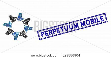 Collage Tooth Gear And Rubber Stamp Seal With Perpetuum Mobile Text. Mosaic Vector Tooth Gear Is Des