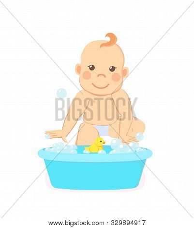 Infant Bathing In Basin With Water Isolated New Born Child. Baby Milestones, Toddler From 6 To 12 Ta